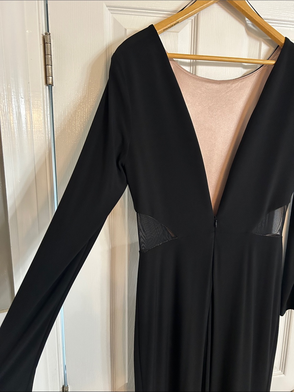 Xscape Black Long-Sleeve Evening Gown with Side Cutouts and Slit - Picture 6 of 6